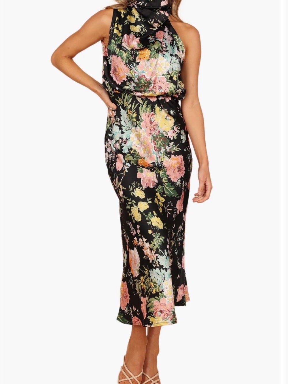 Anabelle Funnel Neck Satin Midi Dress